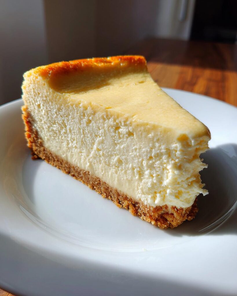 Porción de tarta de queso San Valentín con base de galleta en plato blanco bajo luz natural
