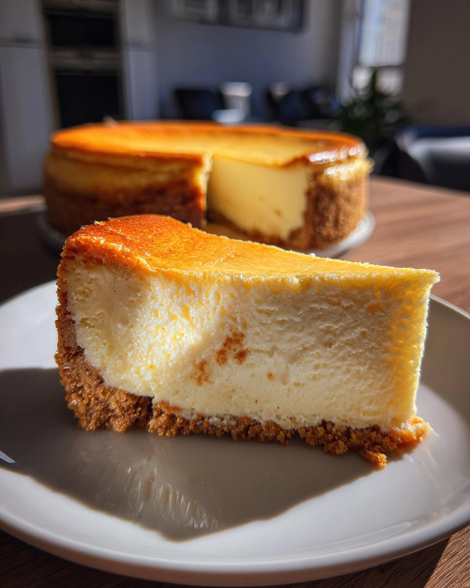 Porción de tarta de queso al horno con base de galleta y textura cremosa dorada en un plato blanco
