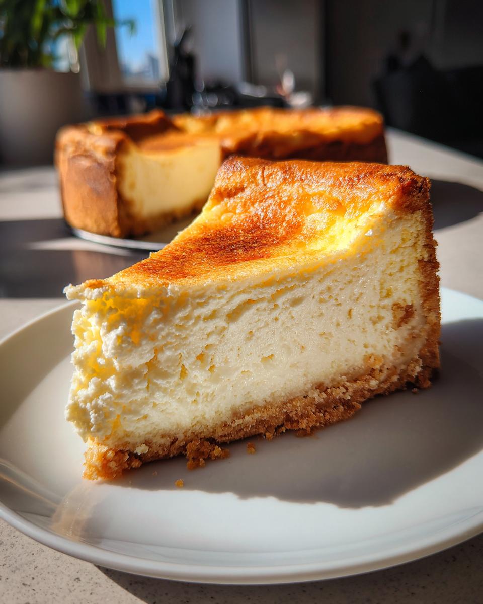 Porción de tartas de queso al horno con base crujiente y superficie dorada en plato blanco