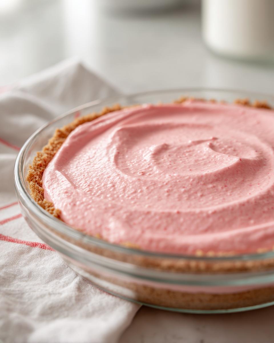 Postre rosado fácil con base de galleta en molde transparente sobre paño blanco con rayas rojas