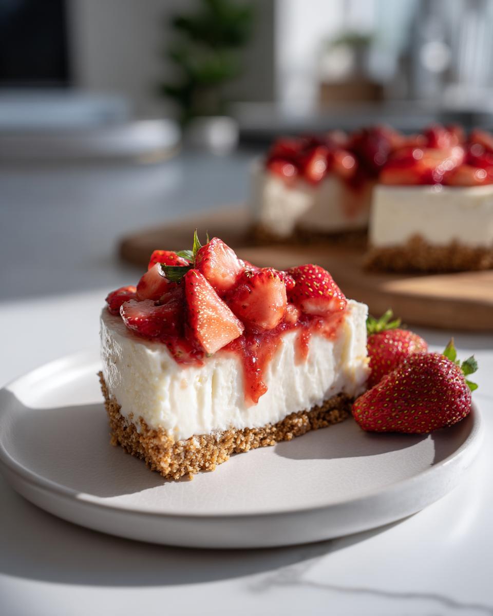 Porción de postre sin horno con base de galleta, crema y fresas frescas encima
