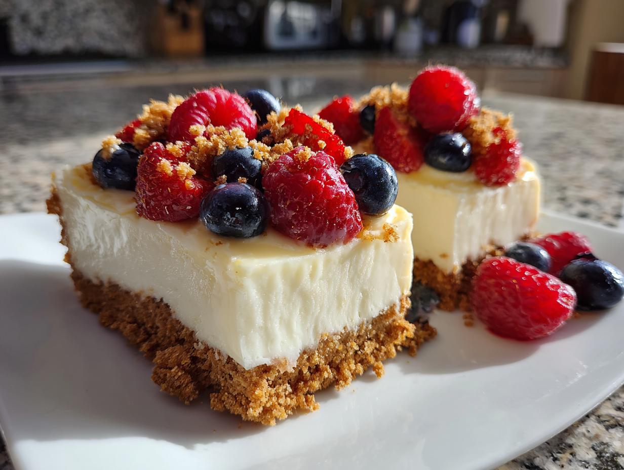 Dos porciones de postres fáciles y rápidos con crema, base de galleta y frutos rojos frescos.