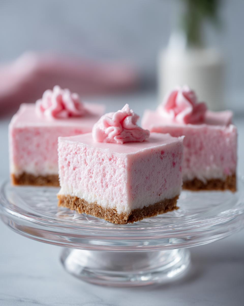 Tres cuadrados de postres rosados fáciles con base de galleta y crema rosa en un plato de vidrio