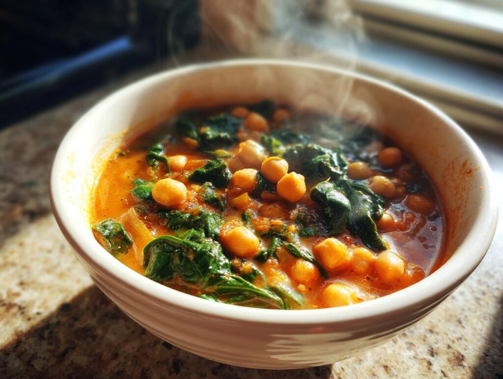 Tazón blanco con potaje de garbanzos fácil humeante y espinacas frescas.