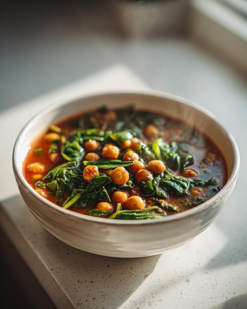 Potaje de garbanzos fácil con garbanzos y espinacas en un tazón blanco