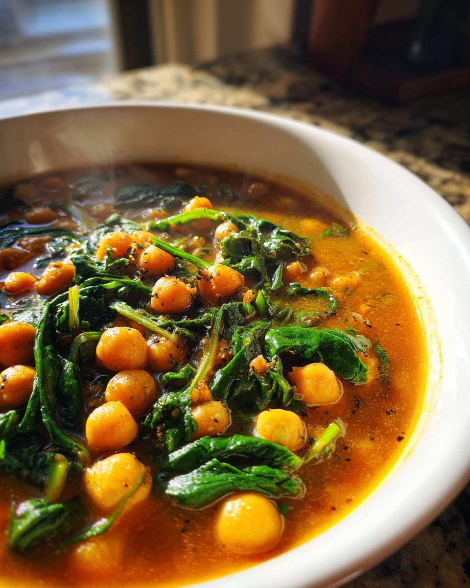 Tazón de potaje de garbanzos fácil con garbanzos y espinacas en caldo rojo