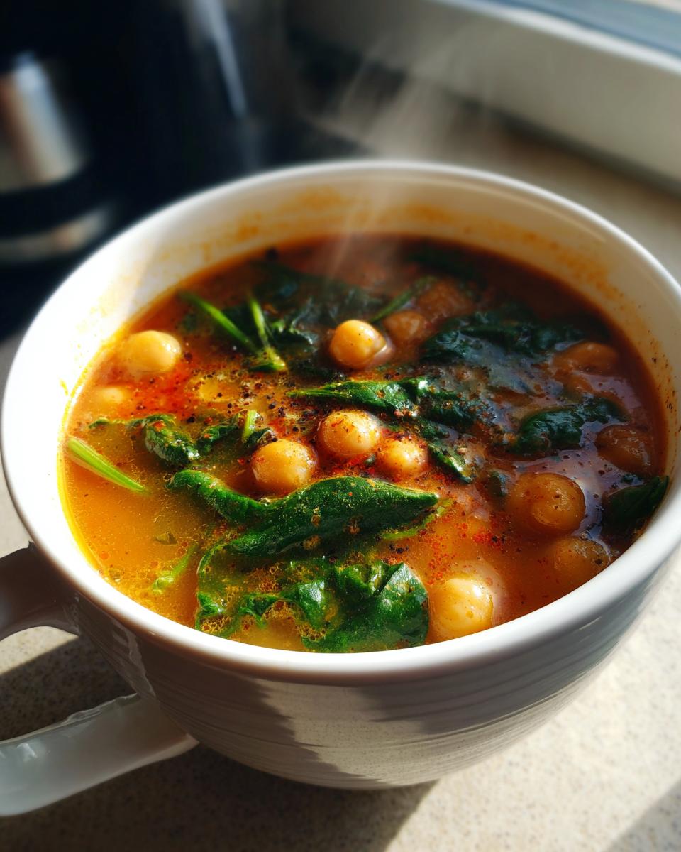 Taza blanca con potaje de garbanzos fácil humeante y espinacas frescas.
