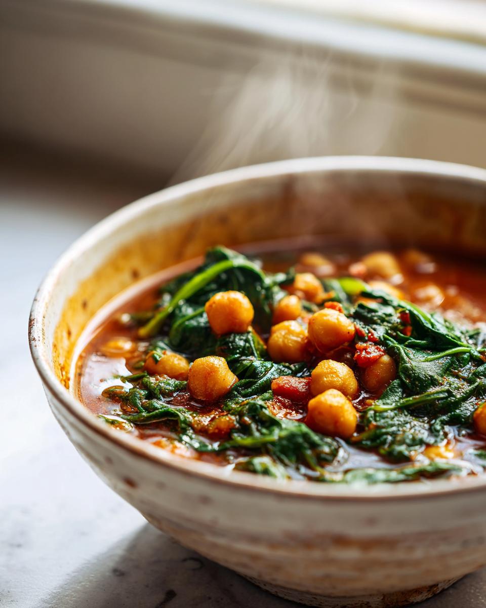 Tazón hondo con potaje de garbanzos fácil, espinacas y caldo rojo humeante