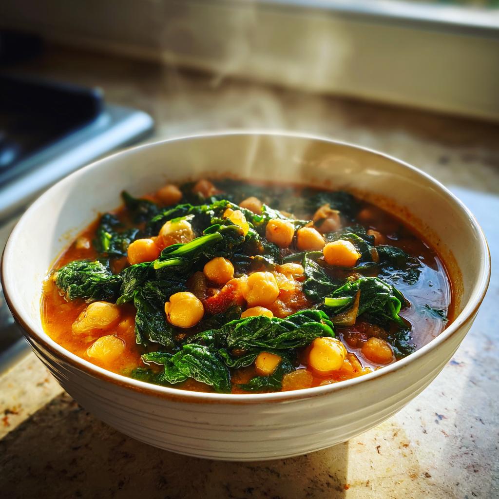 Tazón humeante de potaje de garbanzos fácil con garbanzos y espinacas frescas