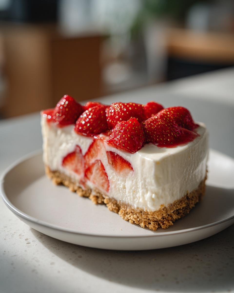 Rebanada de postres sin horno con base de galleta, crema de queso y fresas frescas en un plato.