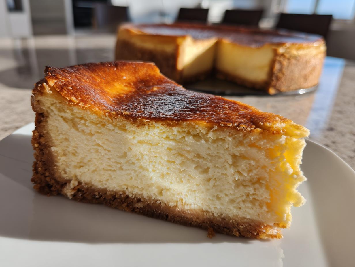 Primer plano de una rebanada de tartas de queso al horno con base de galleta y textura cremosa