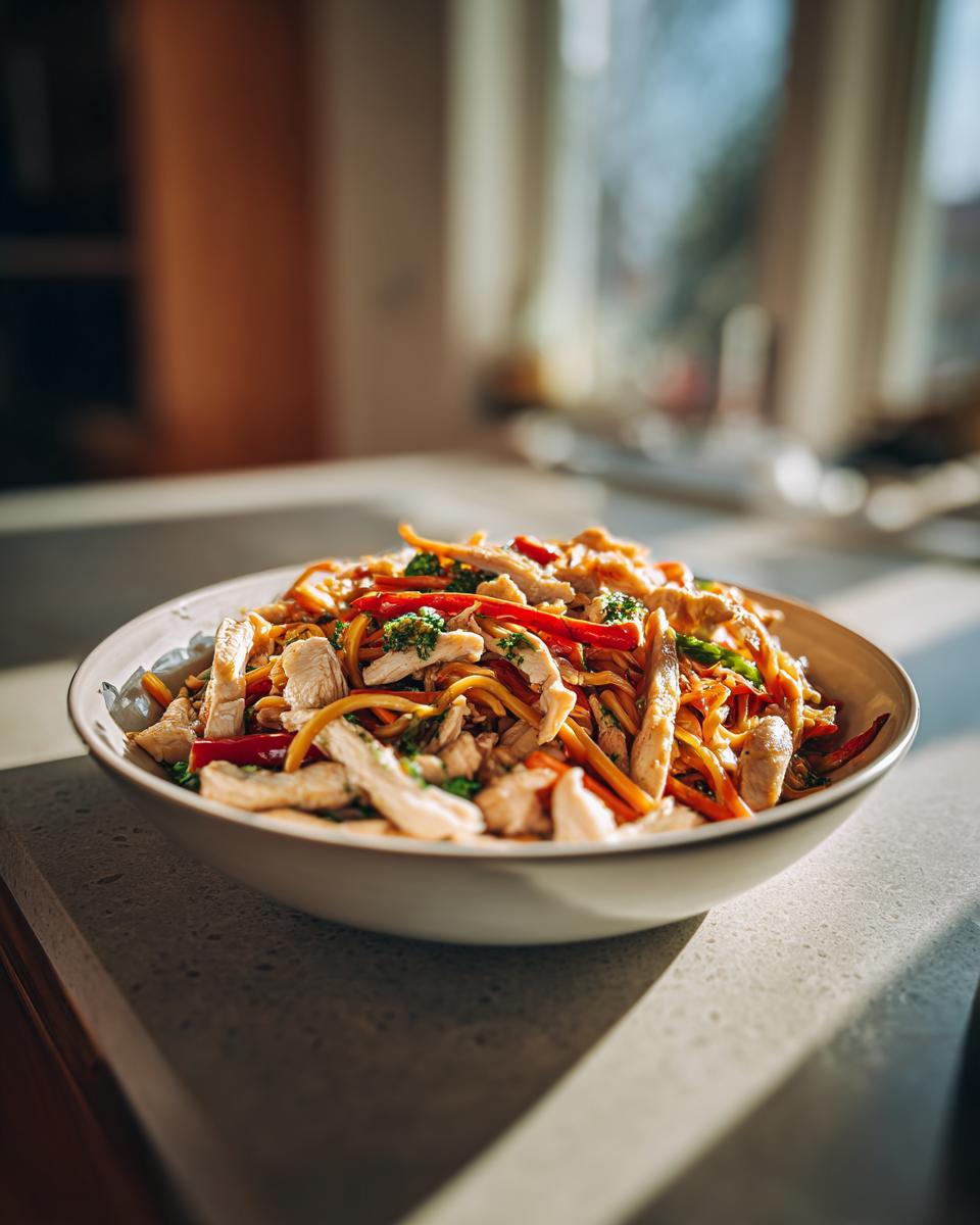 Recetas con sobras de navidad con pollo, fideos y verduras en un plato blanco