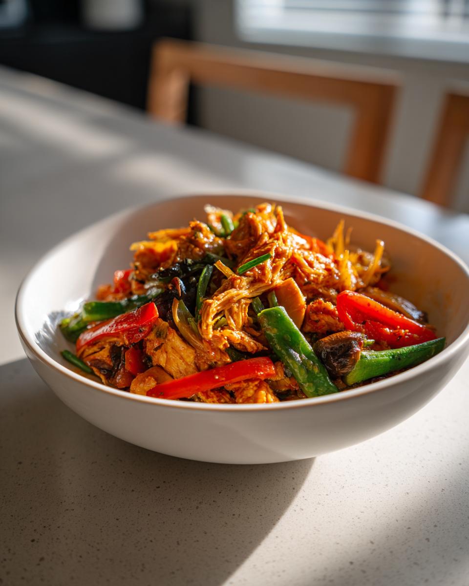 Plato con recetas con sobras de navidad de pollo desmenuzado y verduras en bowl blanco