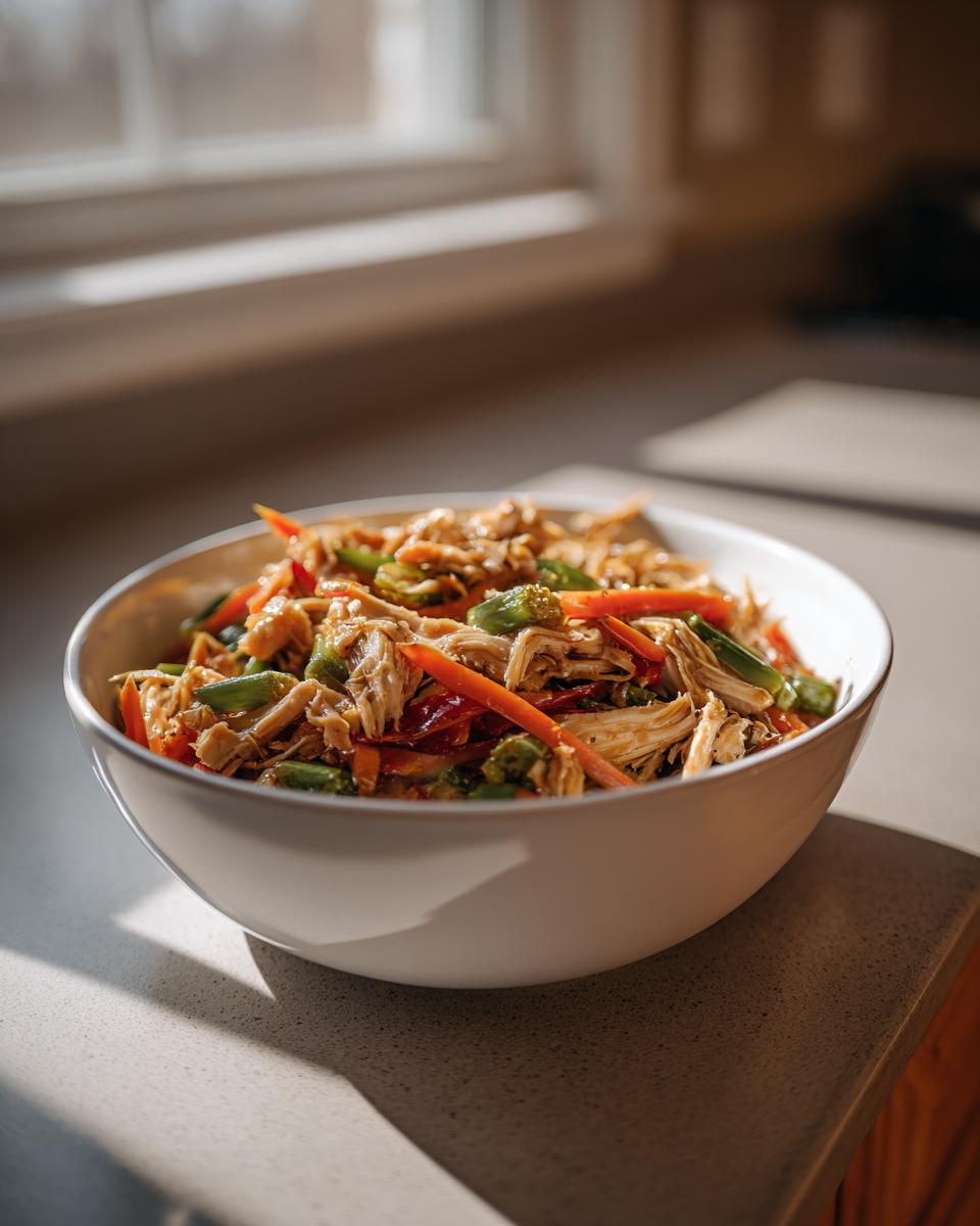 Plato blanco con receta con sobras de navidad hecha con pollo y verduras salteadas
