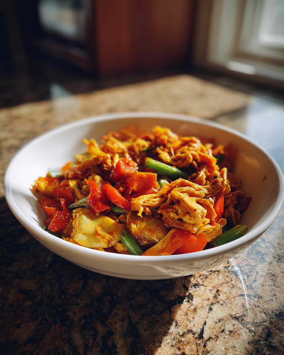 Plato blanco con mezcla colorida de vegetales y carne deshebrada, ideal para recetas con sobras de navidad