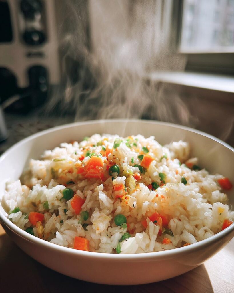 Plato humeante de arroz con verduras frescas, ideal para recetas de arroz de invierno