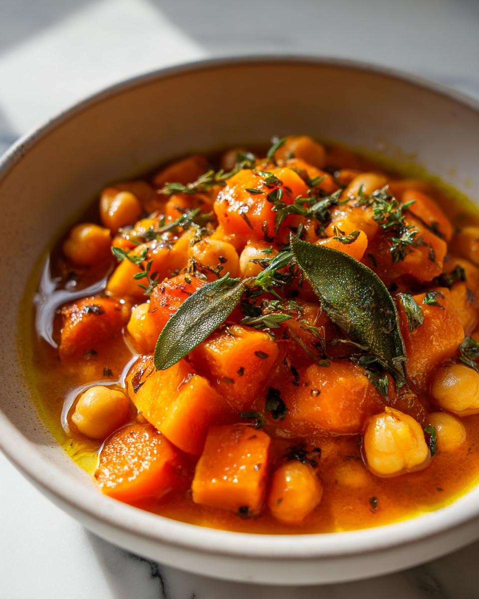 Plato de garbanzos de invierno con calabaza, zanahoria y hierbas frescas en bol blanco.