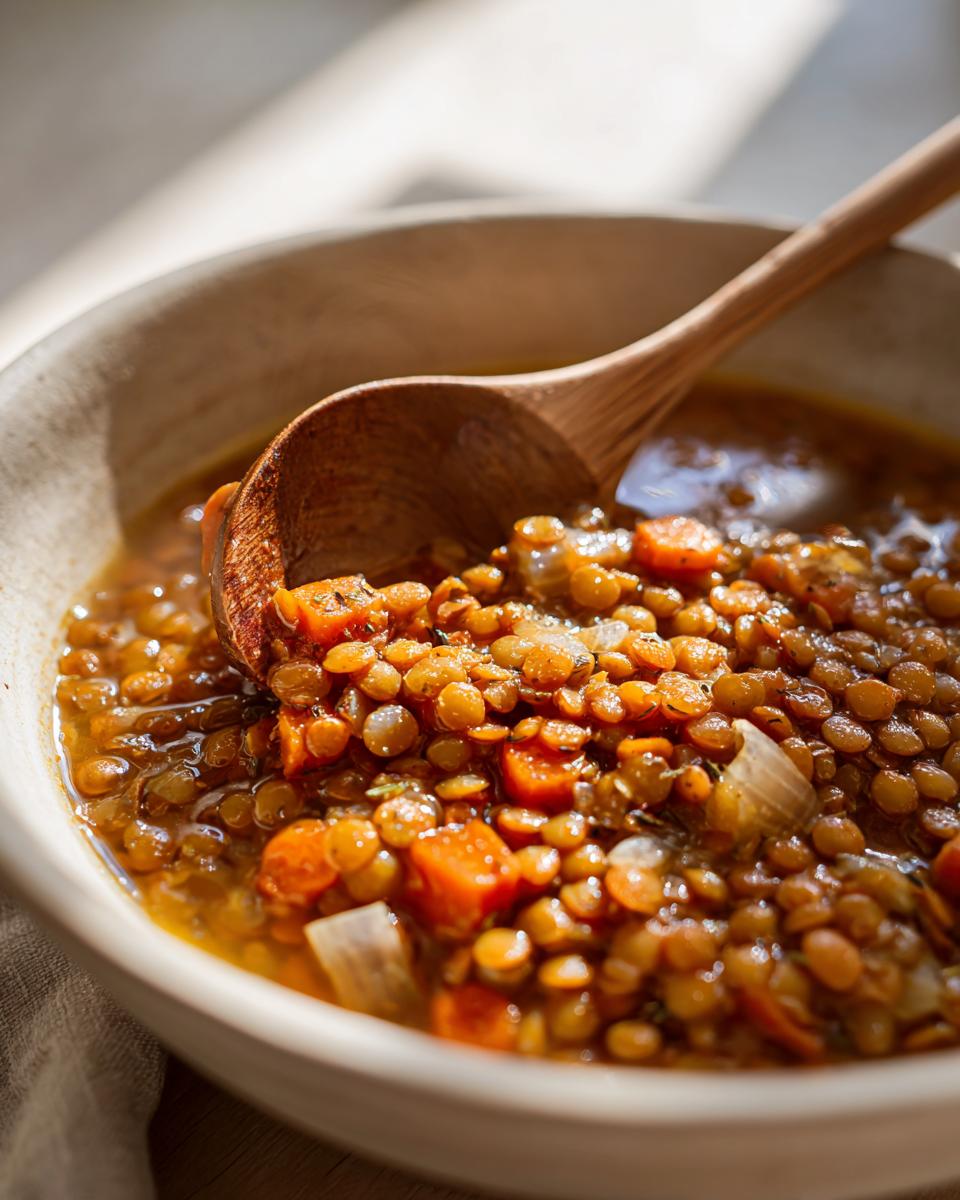 Plato con lentejas cocidas, zanahorias y cebolla, acompañado de una cuchara de madera
