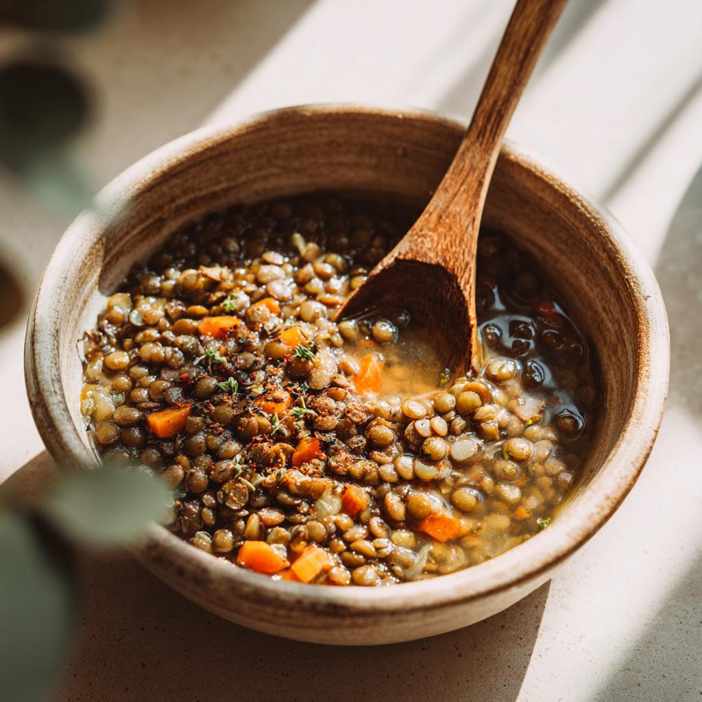 Bol de sopa de lentejas con zanahorias y especias, cuchara de madera dentro.