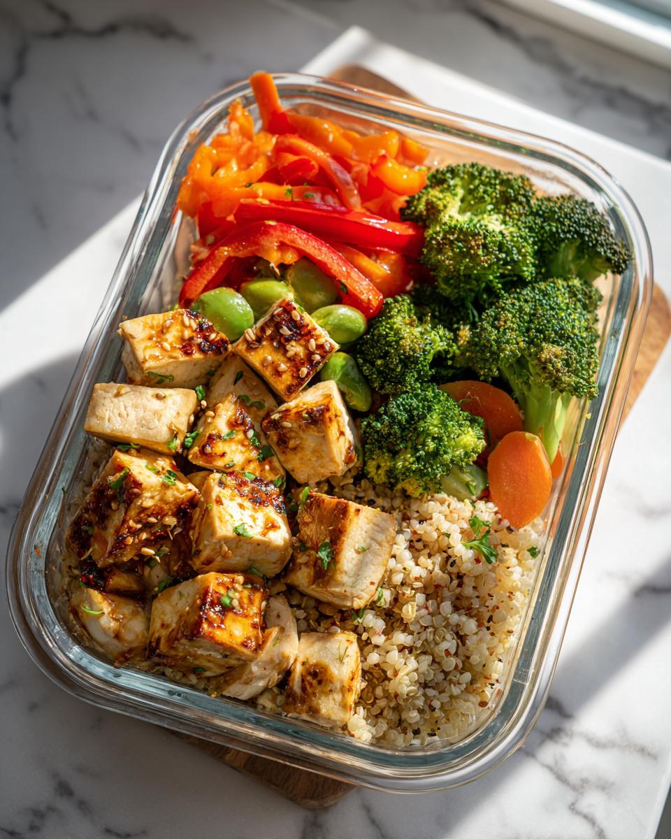 Recetas de meal prep semanal con tofu asado, quinoa, brócoli, zanahorias y pimiento rojo en recipiente de vidrio.