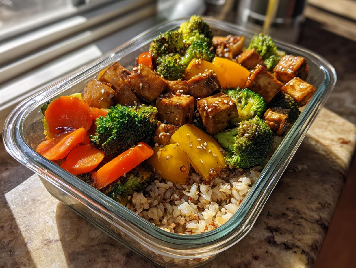 Recipiente de vidrio con tofu, brócoli, zanahorias, pimiento y arroz, ideal para recetas de meal prep semanal.