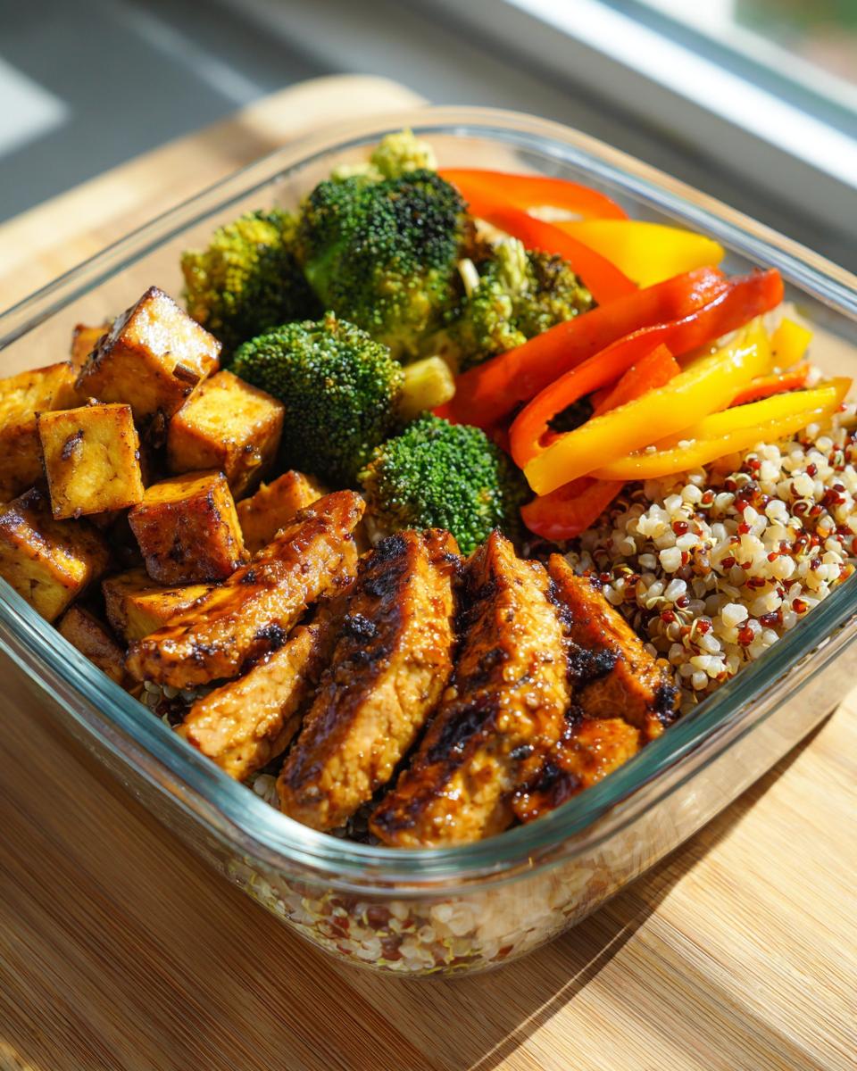 Comida preparada con broccoli, pimientos, quinoa y tempeh para recetas de meal prep semanal