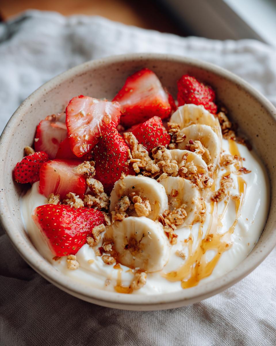 Tazón con yogur, fresas, plátano, granola y miel como recetas de merienda saludable