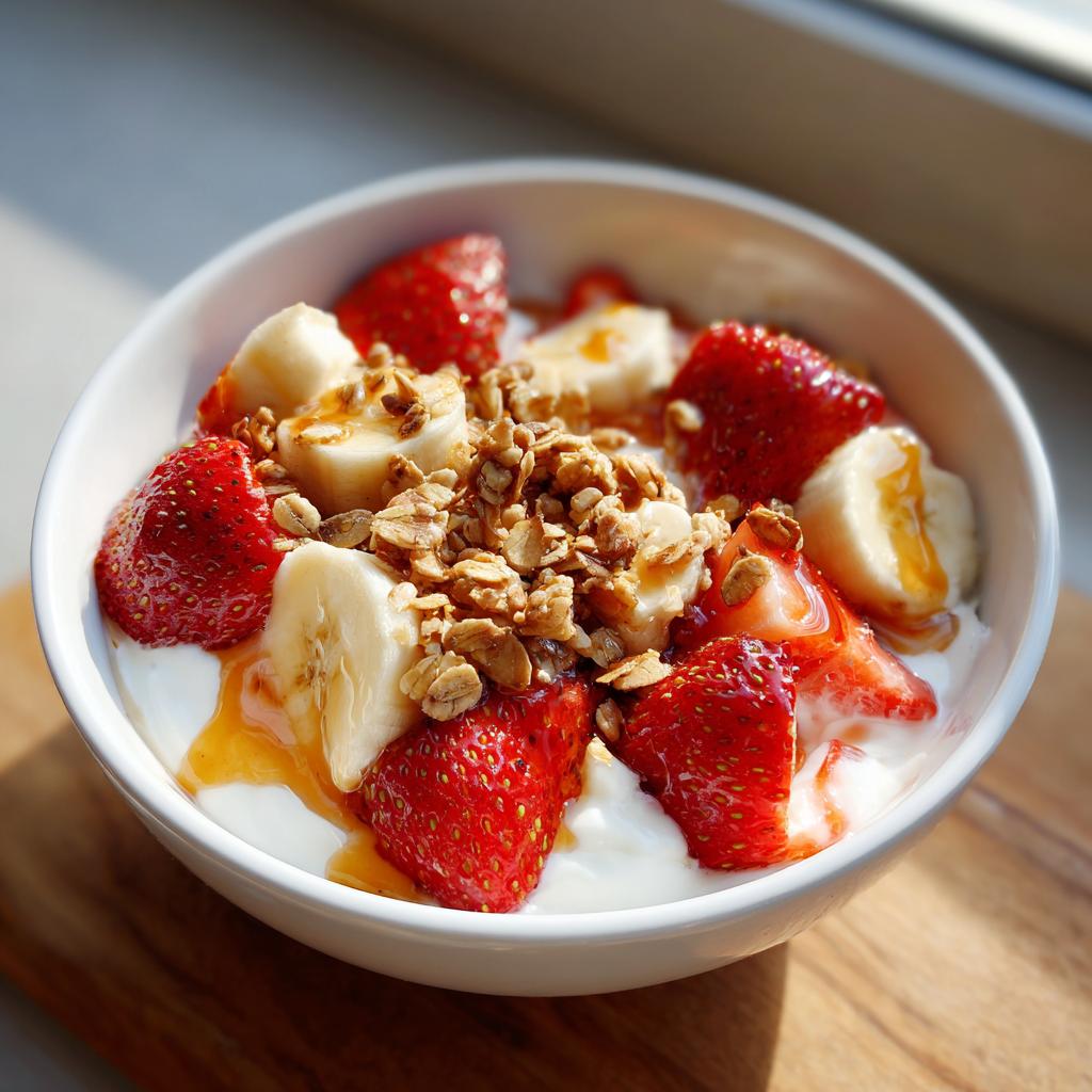 Bowl de yogurt con fresas, plátano, granola y miel como recetas de merienda saludable
