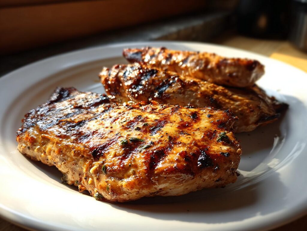 Pechugas de pollo a la plancha doradas con especias sobre un plato blanco