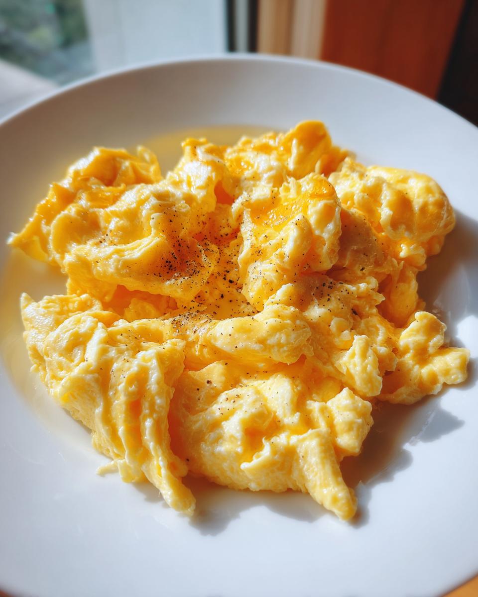 Plato con revuelto de huevo esponjoso y pimienta negra espolvoreada encima.