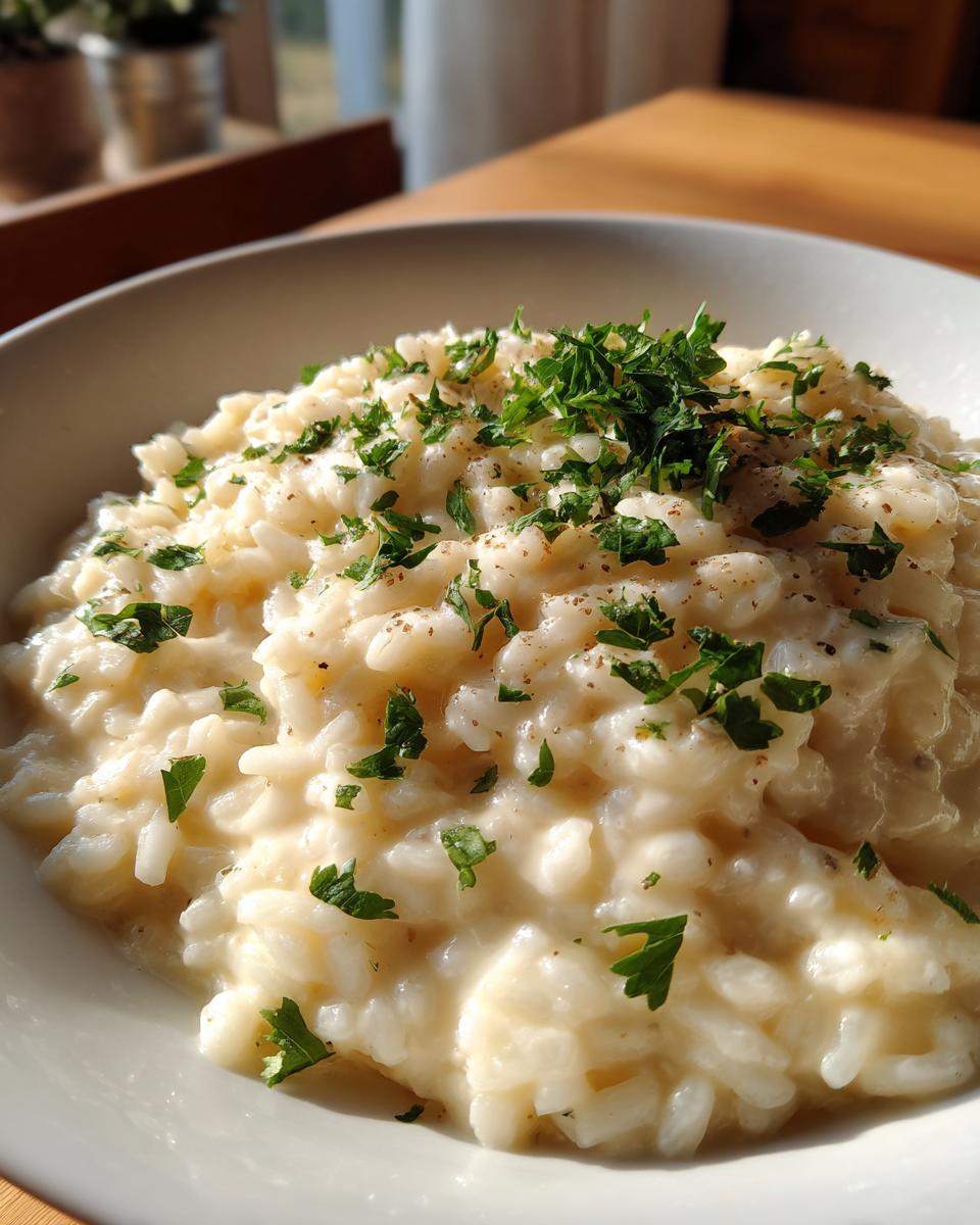 Risotto cremoso sencillo servido en un plato blanco con perejil picado encima.