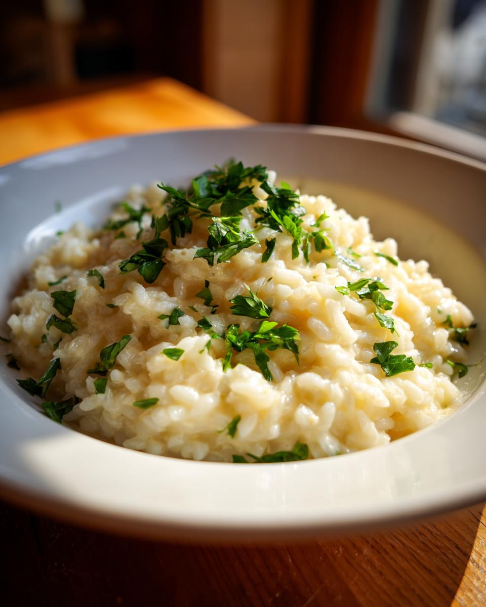 Plato blanco con risotto cremoso sencillo decorado con perejil fresco picado