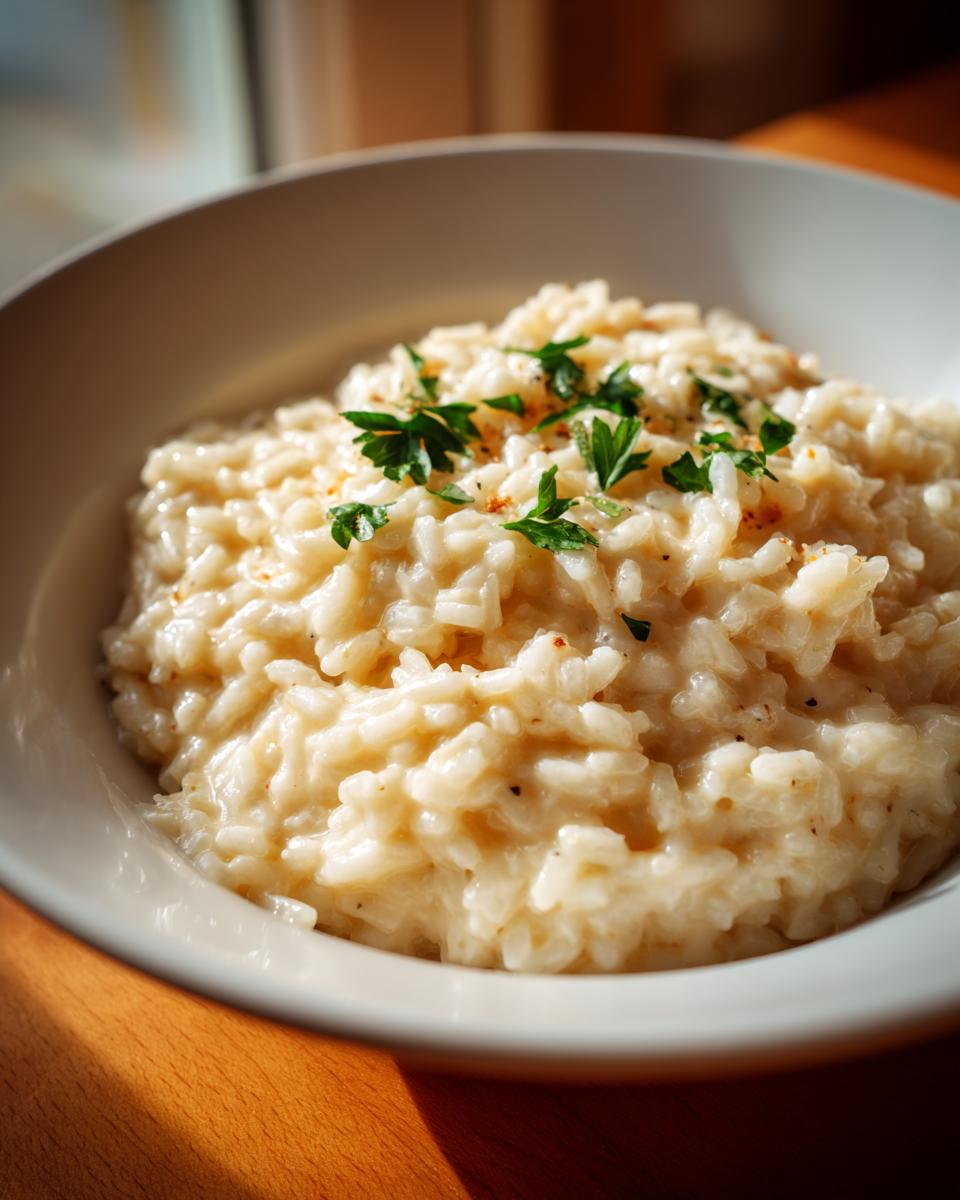 Primer plano de risotto cremoso sencillo decorado con perejil fresco en un plato blanco.
