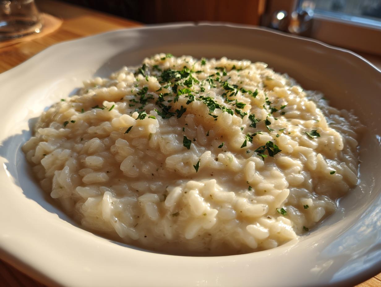 Plato blanco con risotto cremoso sencillo decorado con perejil fresco.