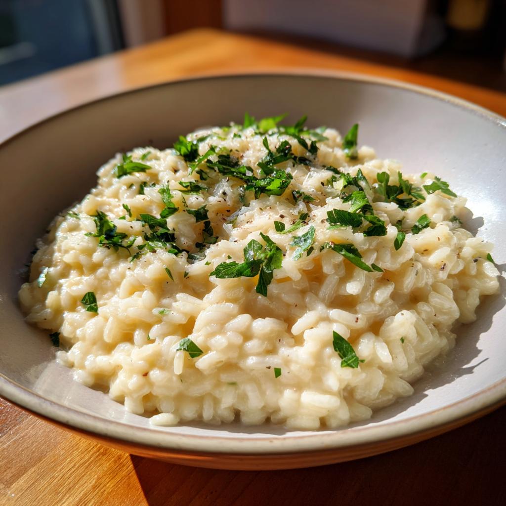 Plato de risotto cremoso sencillo con perejil fresco y pimienta negra molida