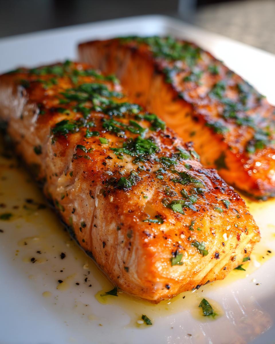Filetes de salmón al horno con hierbas frescas y especias, servidos en un plato blanco.