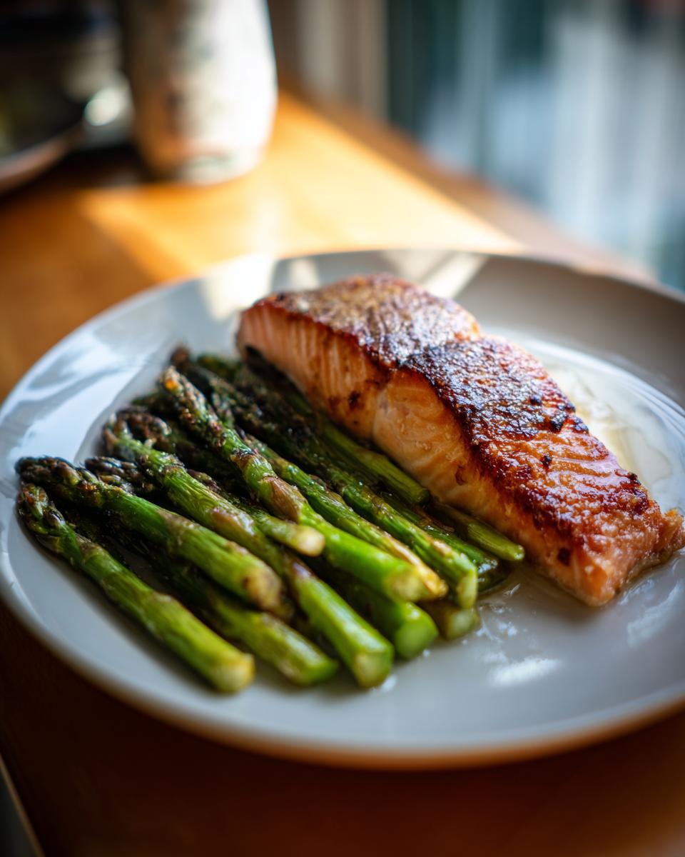 Plato con salmón a la parrilla y espárragos verdes asados, receta original para San Valentín.