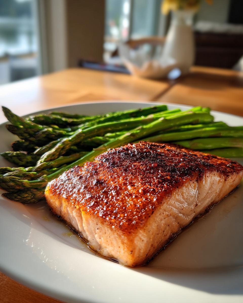 Filete de salmón dorado acompañado de espárragos verdes en un plato blanco