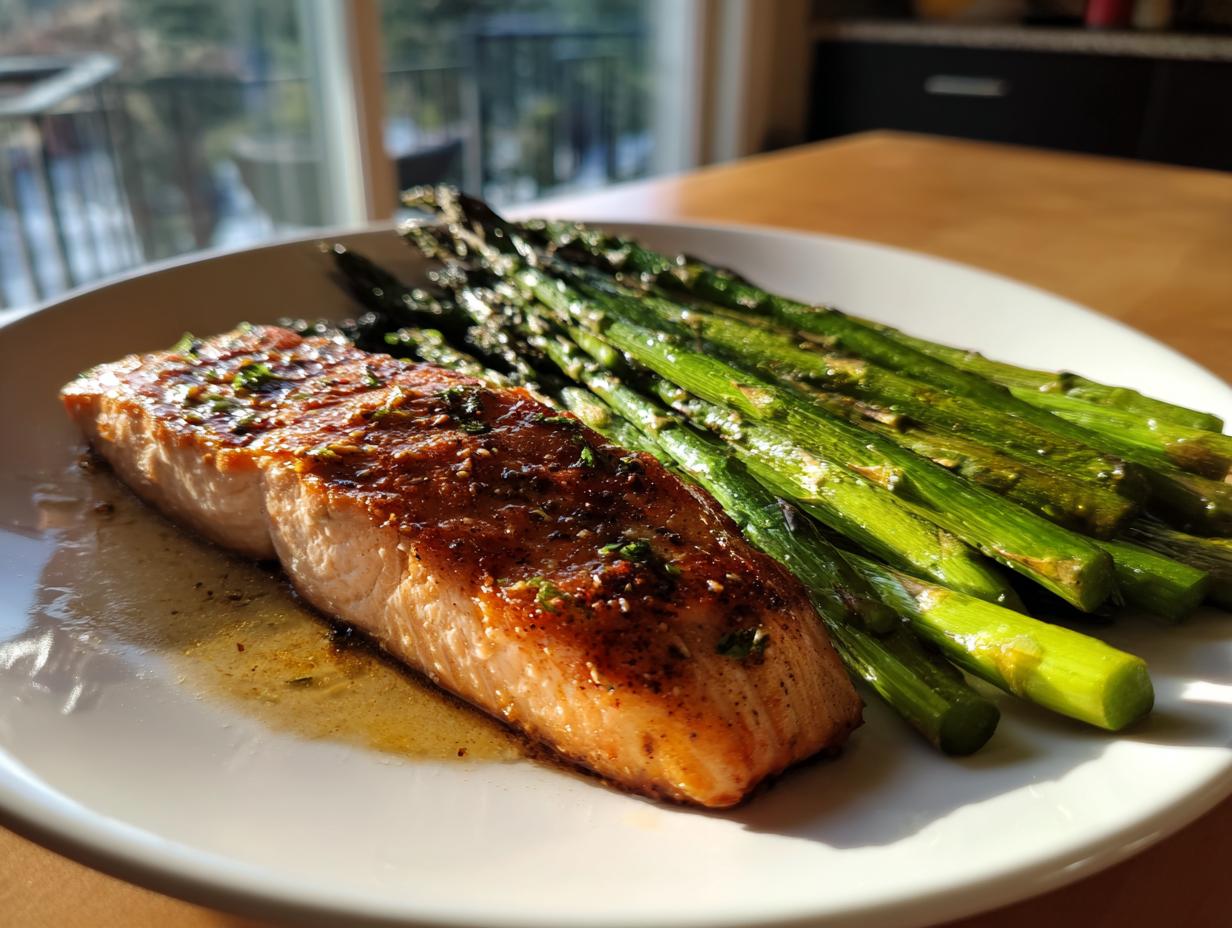 Plato con salmón a la plancha y espárragos verdes como recetas originales para San Valentín