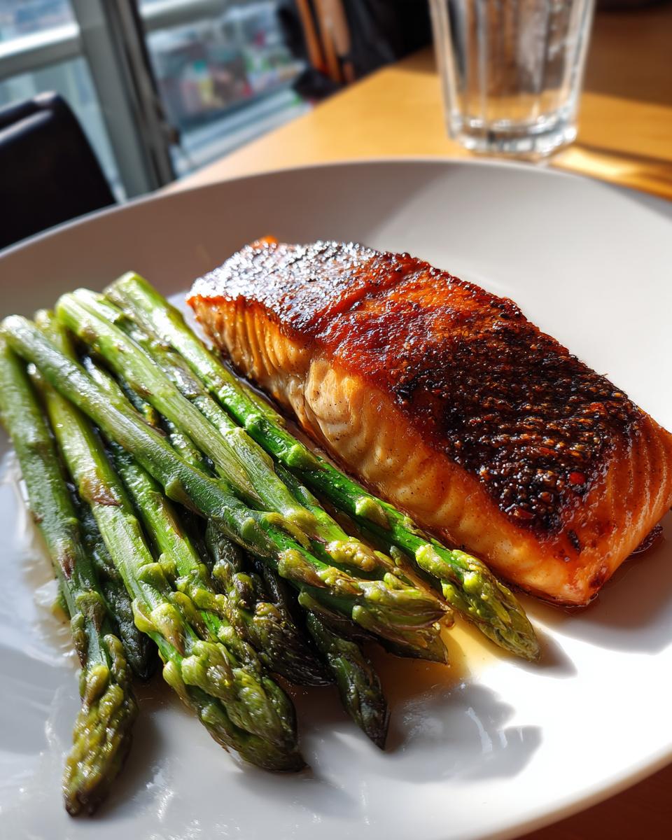 Pieza de salmón a la plancha acompañado de espárragos verdes en plato blanco, receta originales para san valentín.
