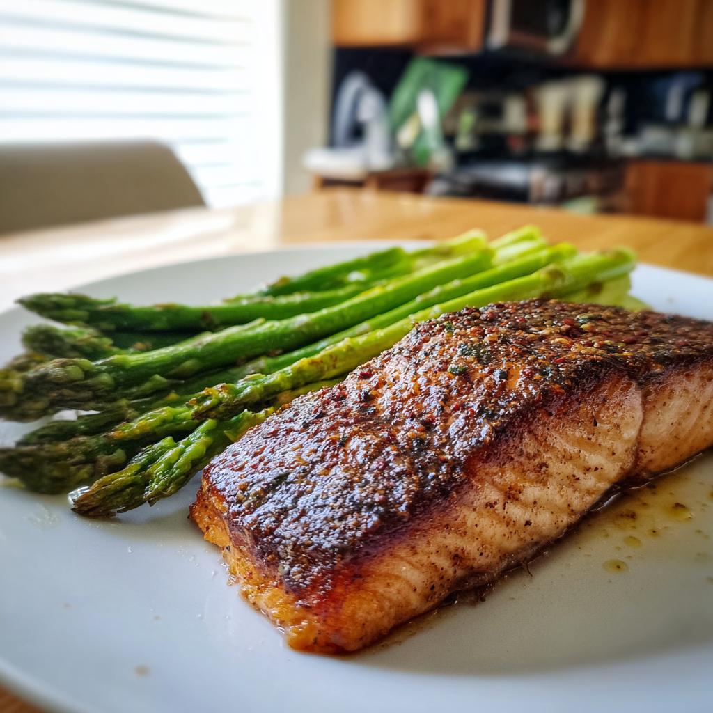 Filete de salmón a la plancha acompañado de espárragos verdes en un plato blanco