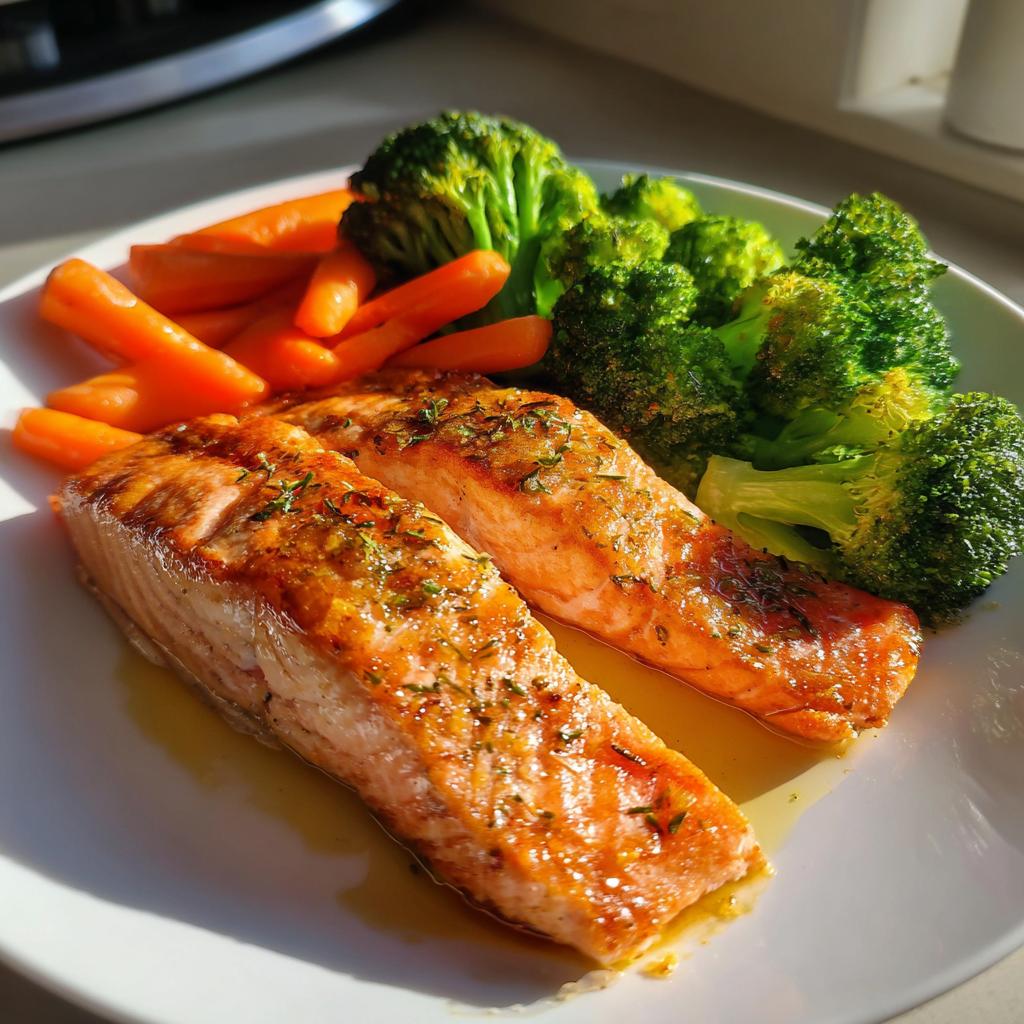 Dos filetes de salmón a la plancha con zanahorias y brócoli, cena saludable San Valentín
