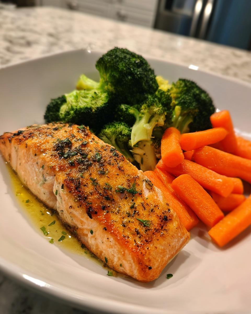 Plato con filete de salmón a la plancha, brócoli y zanahorias para cena saludable San Valentín