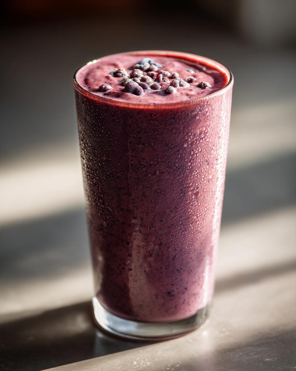 Vaso alto con smoothie de frutos rojos con gotas de condensación, receta de recetas de smoothies saludables