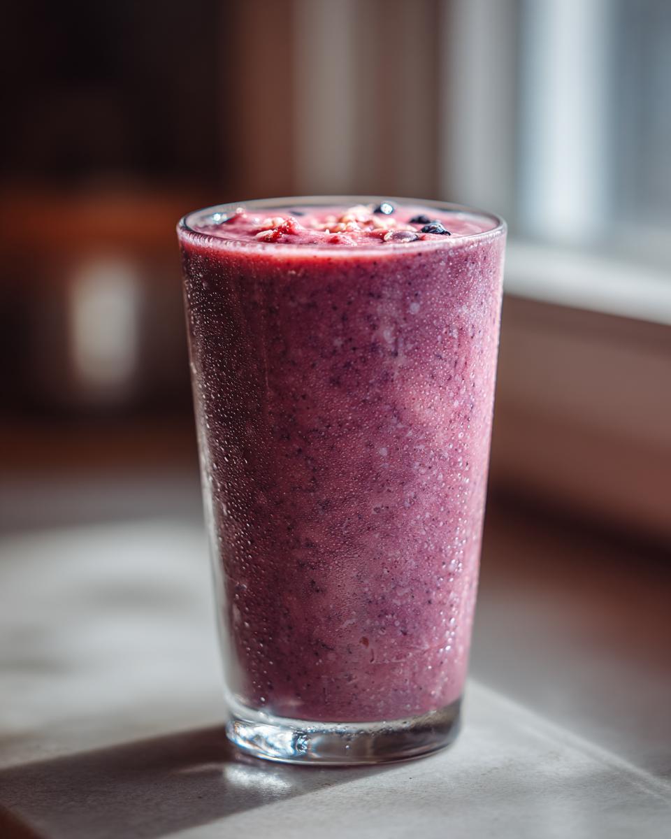 Vaso alto con smoothie morado cremoso y gotas de condensación en la superficie