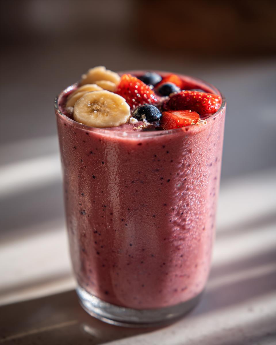 Vaso con smoothie saludable de frutos rojos, plátano y arándanos frescos encima.