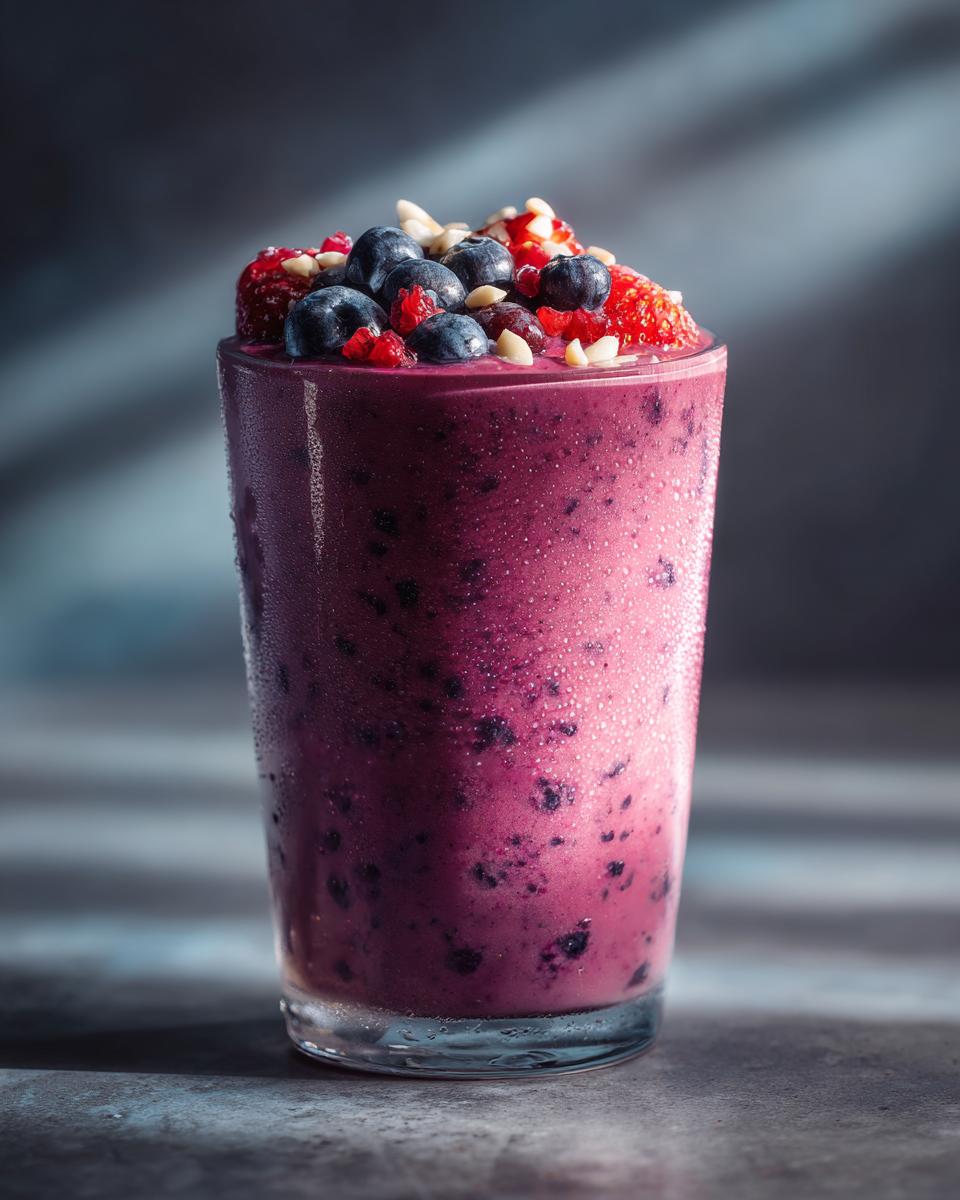 Vaso con smoothie saludable morado con frutos rojos y semillas encima