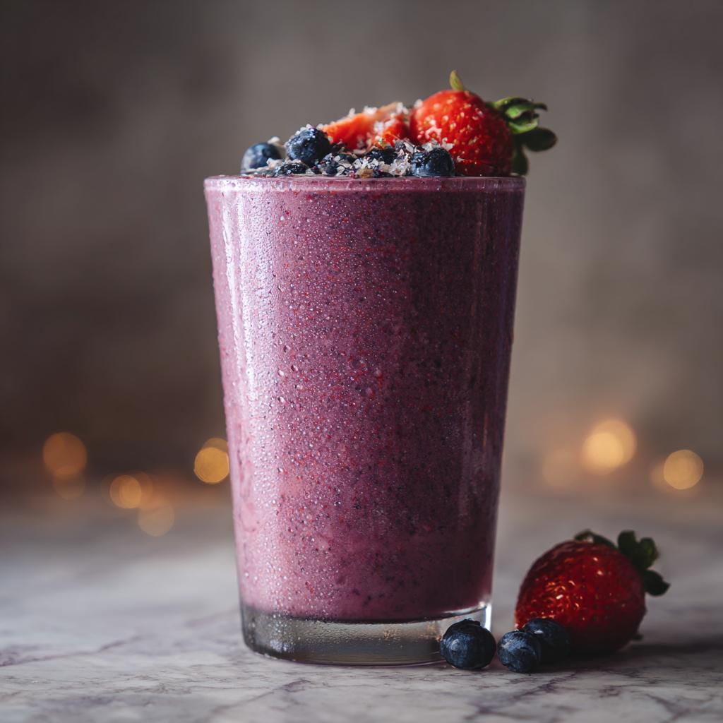 Vaso con smoothie saludable morado, decorado con fresas y arándanos frescos.