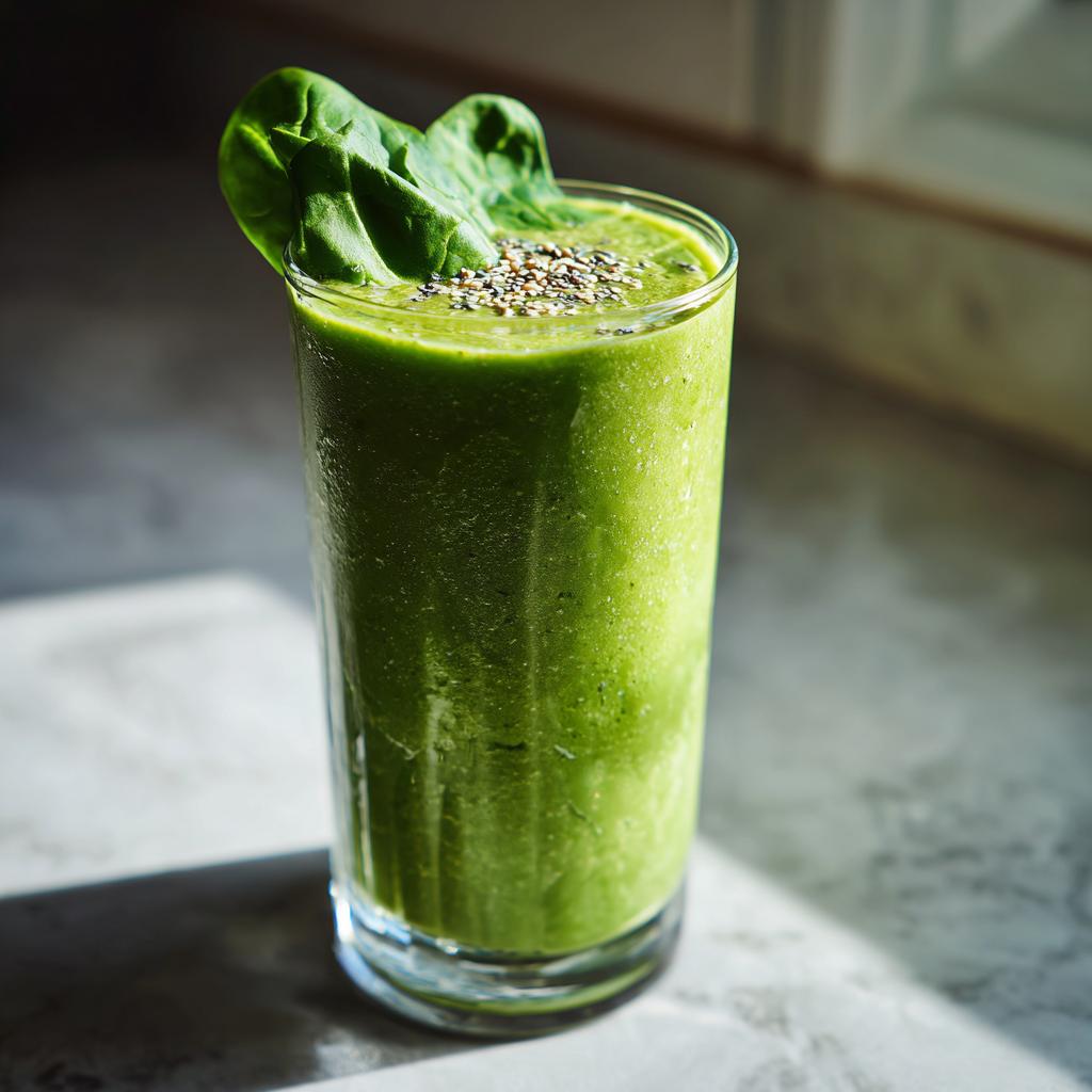 Vaso alto con smoothie verde decorado con hojas de espinaca y semillas, ideal para recetas detox después de fiestas