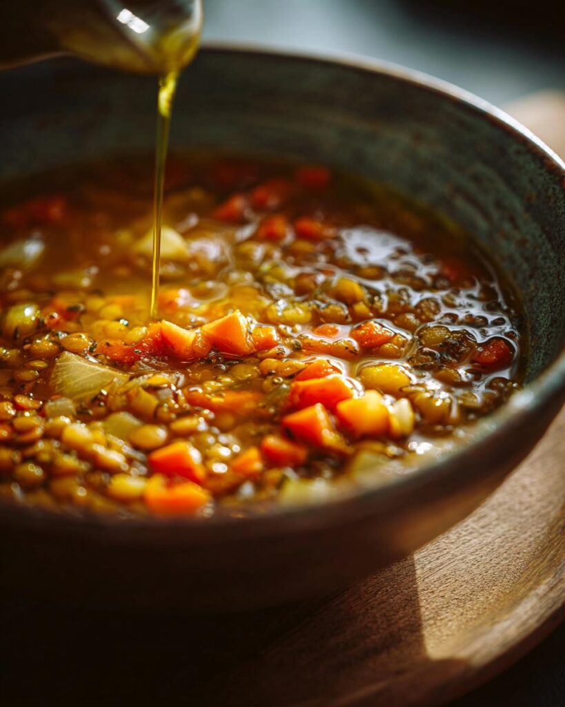 Sopa caliente con lentejas y verduras en bowl con aceite vertiéndose encima, recetas rápidas para días fríos